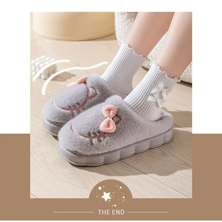 New green bow slippers winter women's 2024 shoes thick sole fuzzy slippers for home mules shoes woman fluffy metal house slipper