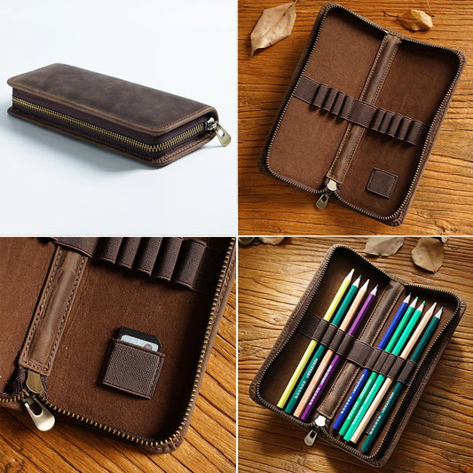 Genuine Leather Multi-functional Pencilcase with Pen Holder Organizer Zipper Pen Case Stationery