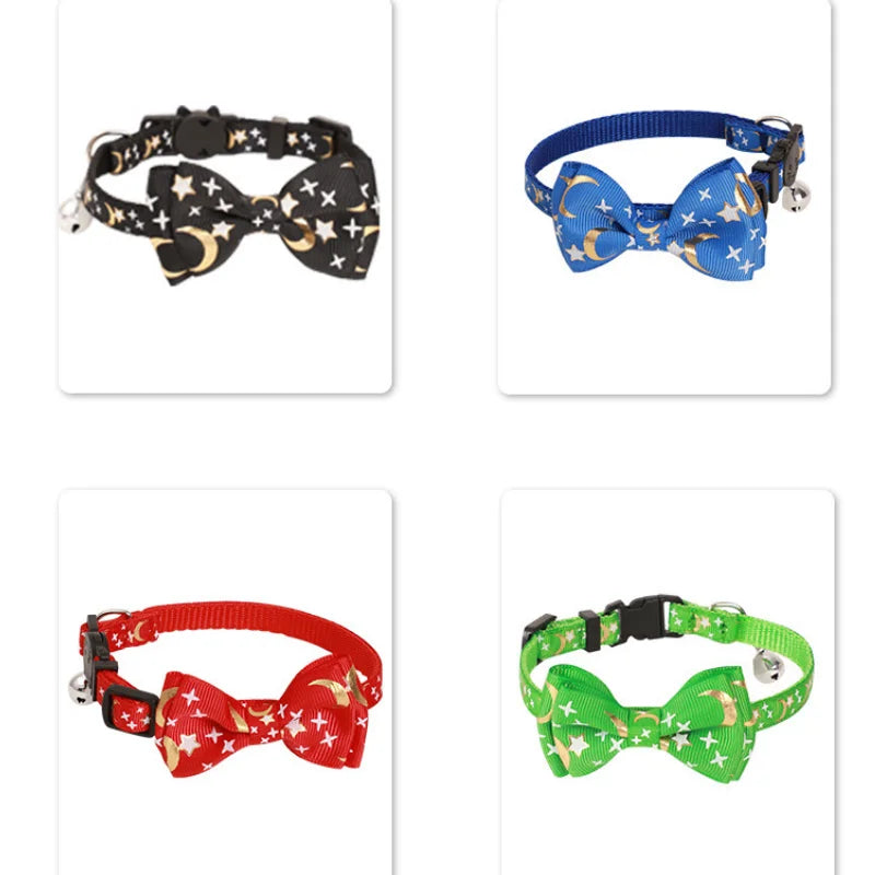Cat Bow Bell Collar Hot Stamping Woven Stars and Moon Pattern Removable Bow Cat Puppy Collar Adjustable Dog Collar