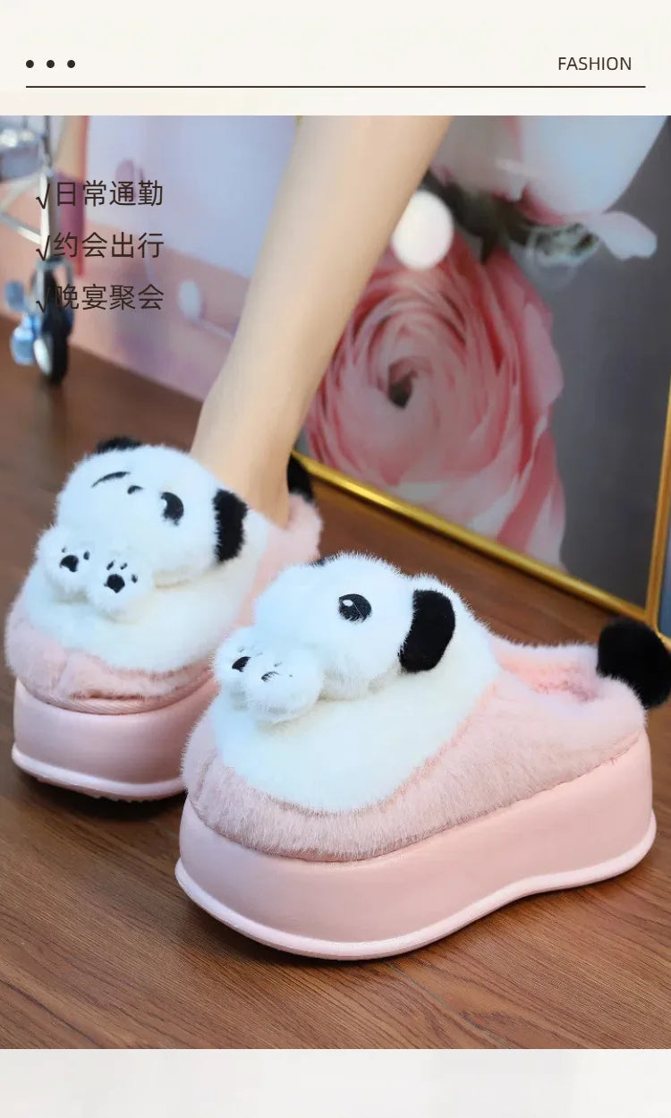 New high heel panda shoes women's winter loafer thick slippers woman fluffy slip on shoes ladies animal warm fuzzy home slipper
