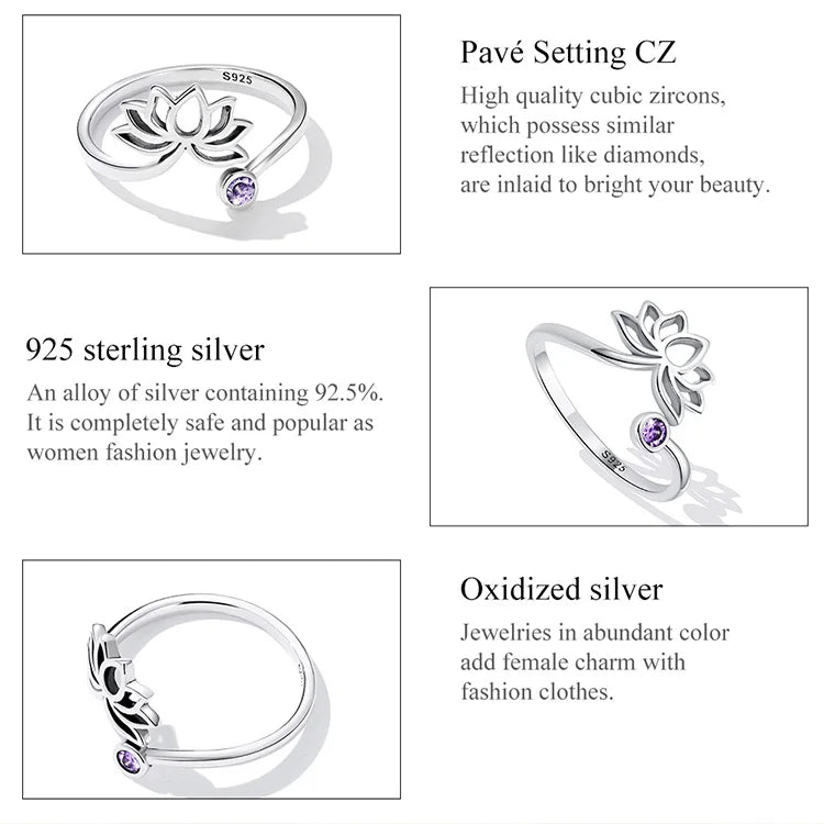 WOSTU 925 Sterling Sliver Lotus Flower Adjustable Rings Finger Purple Zircon Hollow Open Ring For Female Original Jewelry CQR821