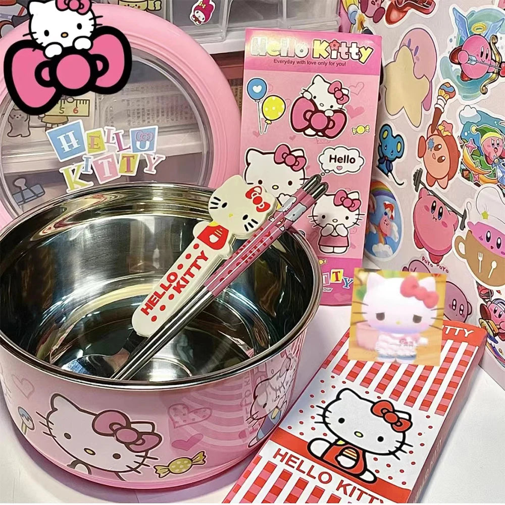 Sanrio Hello Kitty Stainless Steel Ramen Bowl With Lid Cute Large Instant Noodles Fruit Salad Rice Soup Bowl Kitchen Tableware