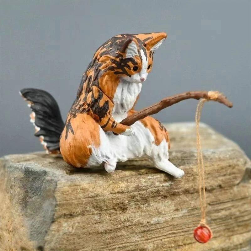 Fishing Cat Figurine Fishtanks Landscaping Ornament Aquariums Pendant Home Decor for Freshwater Saltwater Drop Shipping