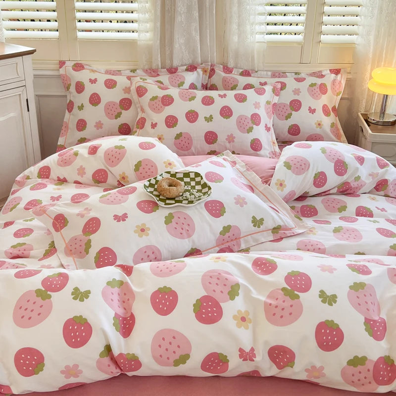 Kawaii Pink Strawberry Duvet Cover Set NO Filler Fashion Bed Sheets Full Queen Size Luxury Home Bedding for Girls Bedclothes