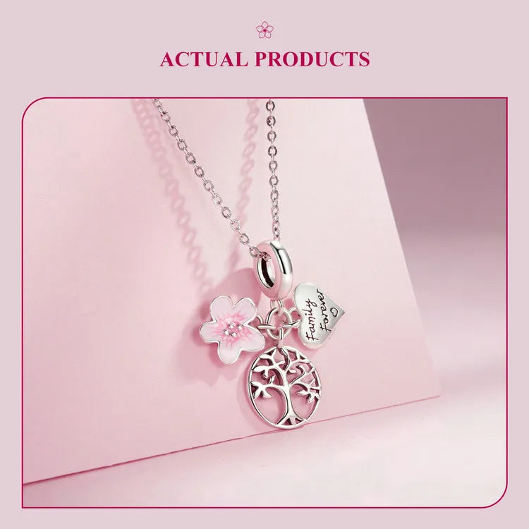 WOSTU 925 Sterling Silver Pink Life Tree Charms Flower Spacer Beads Infinite Heart Pendant Fit Original Bracelet DIY Jewelry