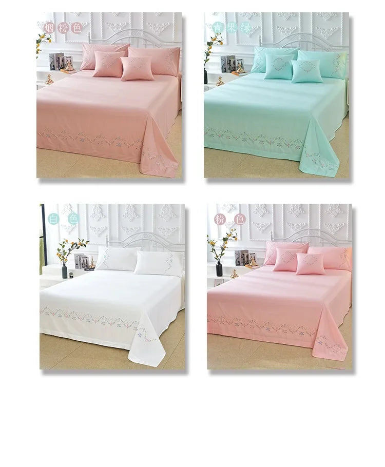 100% Cotton Greek Key Embroidery, 3-Piece Twin XL Kendell Bed Sheet Set, White/ Light Green/Pink