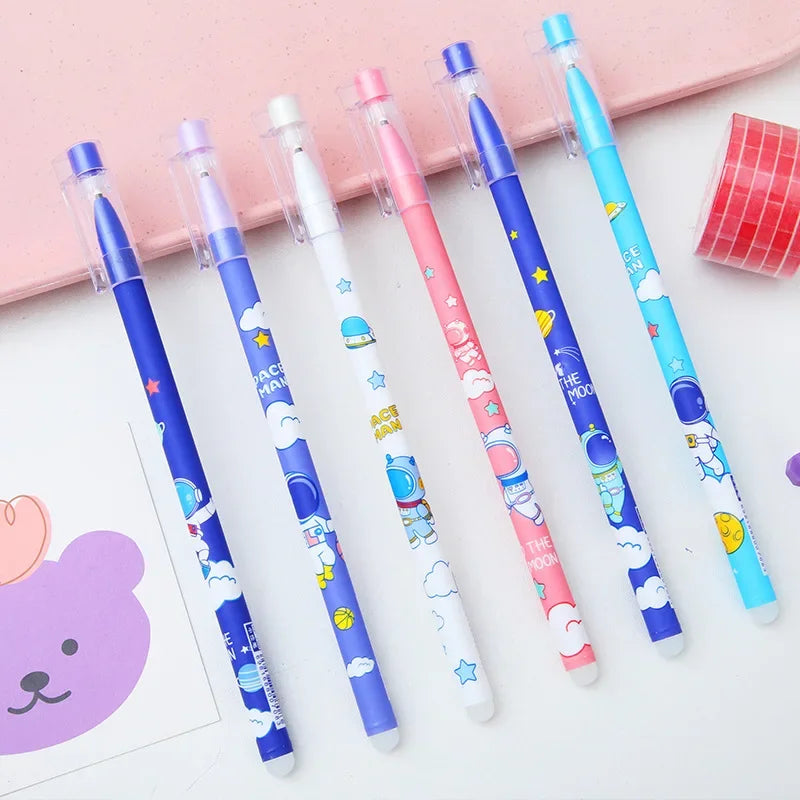 12Pcs/Set Cute Astronaut Erasable Gel Pen Cartoon Spacemen 0.5mm Black Ink Washable Pens for Writing Kids School Stationery