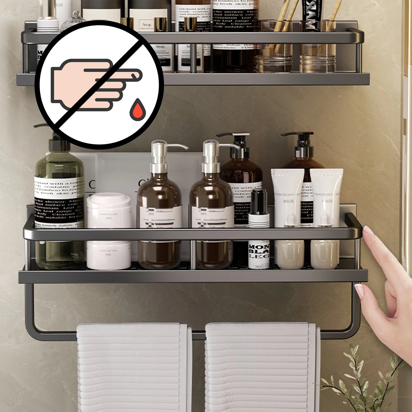 Punch-free Bathroom Shelf for Shower Bathroom Rack Aluminum Hanging Rack with Hooks Bathroom Organizer Hang On the Wall