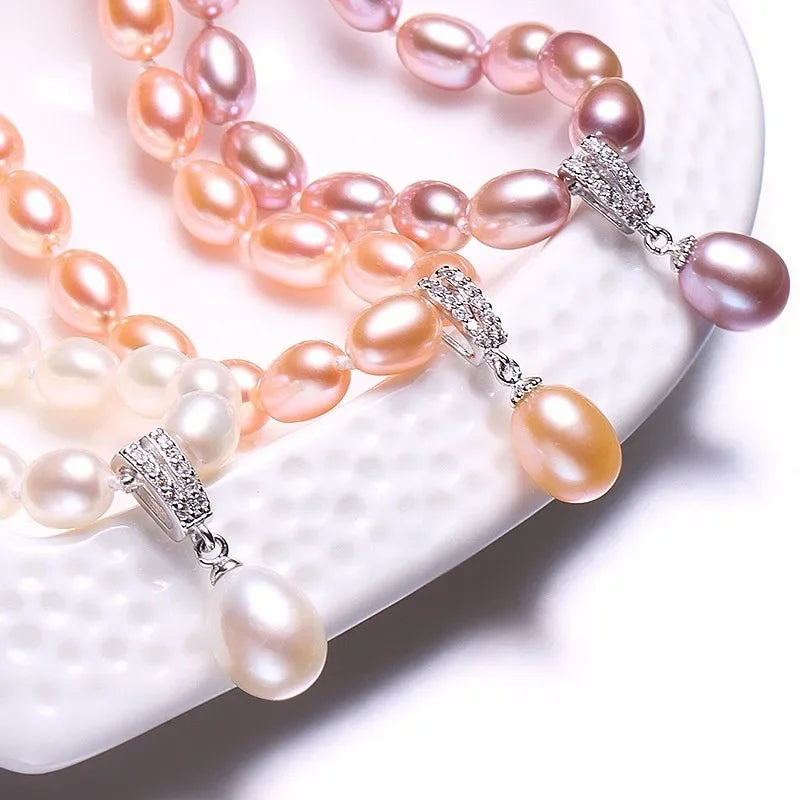 Dainashi 925 Sterling Silver Pearl Necklace,White/Pink/Purple Natural Freshwater Pearl,6-7/8-9 mm,45cm+5cm Length,Fine Jewelry