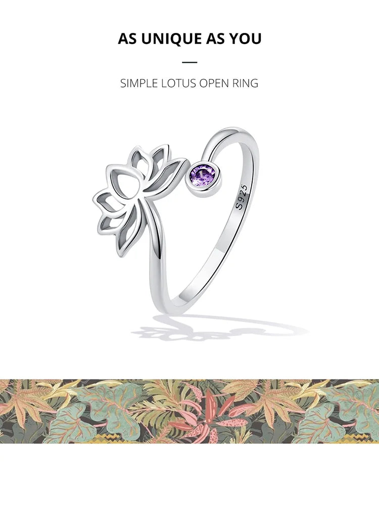 WOSTU 925 Sterling Sliver Lotus Flower Adjustable Rings Finger Purple Zircon Hollow Open Ring For Female Original Jewelry CQR821