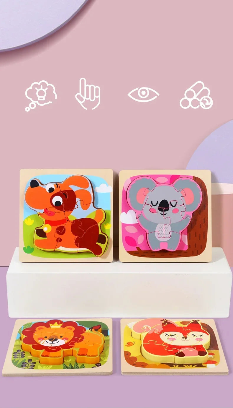 3D Baby Wooden Puzzle Montessori Toys Kids Learning Educational Tangram Shape Traffic Animal Cartoon Puzzle Cognitive Games