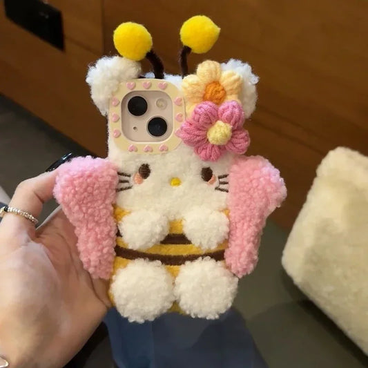 Plush Hello Kitty Bee  Phone Case Cartoon Sanrio peripheral Iphone1514131211 Pro Max Case Cute 3D Warm Shockproof Drop Case