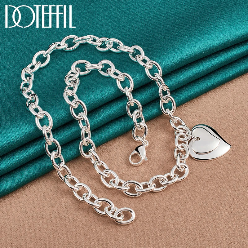 DOTEFFIL 925 Sterling Silver Double Heart Pendant 18 Inch Chain Necklace For Women Wedding Engagement Fashion Jewelry