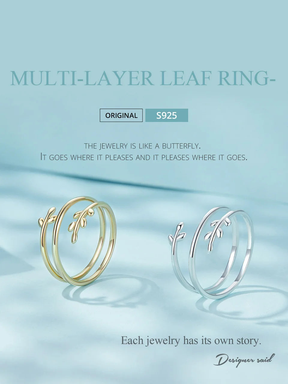 BAMOER Gold Plated Leaves Adjustable Ring,  S925 Silver Trendy Multilayer Leaf Open Ring for Women Fashion Jewelry Gift 2 Colors