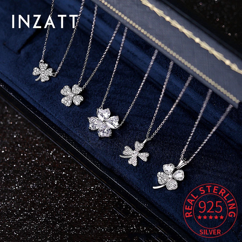 INZATT Real 925 Sterling Silver Zircon CZ Clover Series Pendant Choker Necklace for Women Light Luxury Fine Jewelry Accessories