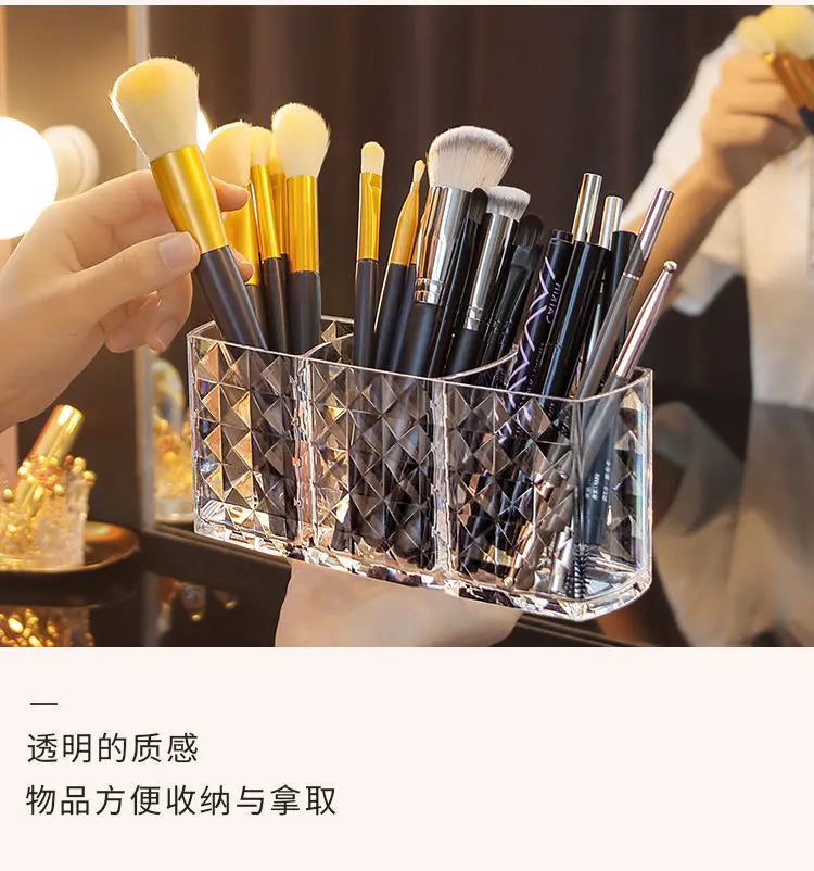 Makeup Brush Eyebrow Pencil Storage Rack Three Compartments Large Capacity Transparent Storage Box Acrylic Stationery Pen Holder