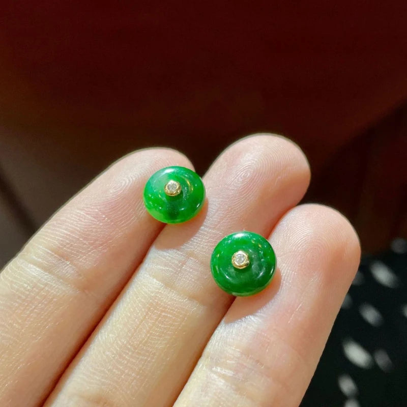 New In Natural Hotan Jade Green Round stud earings vintage Silver Inlaid earrings for women Classical Simple Party  jewelry