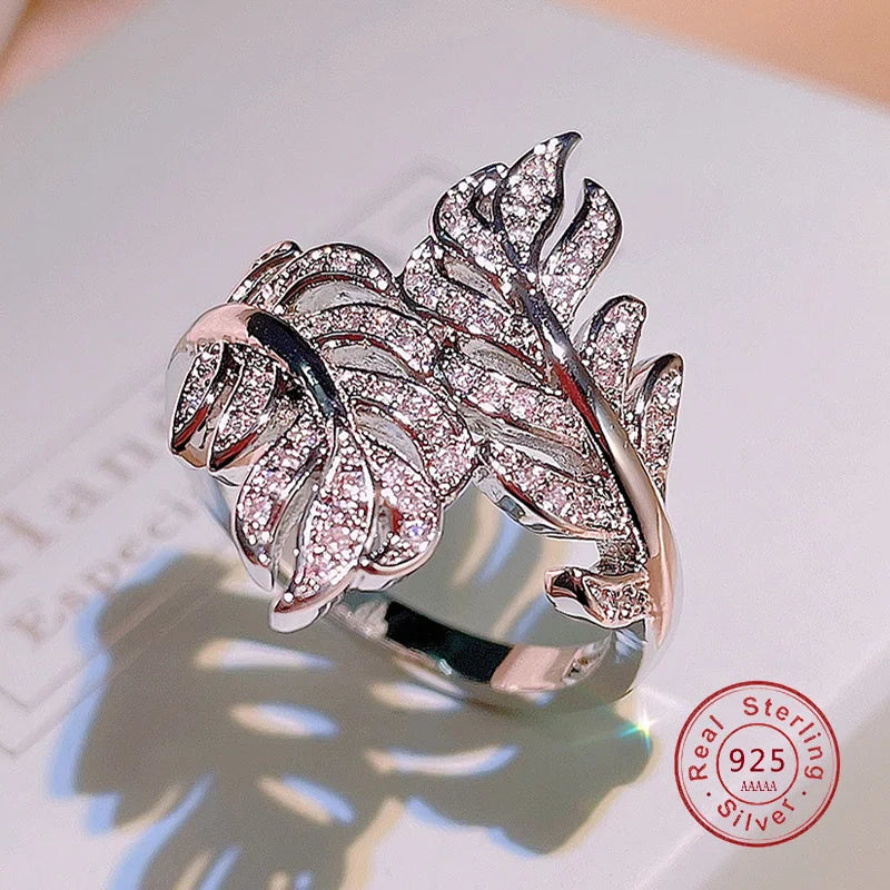925 Sterling Silver Rings for Women Princess Propose Marriage Cubic Zirconia Feather Design Ring Romantic Bridal Wedding Bijoux