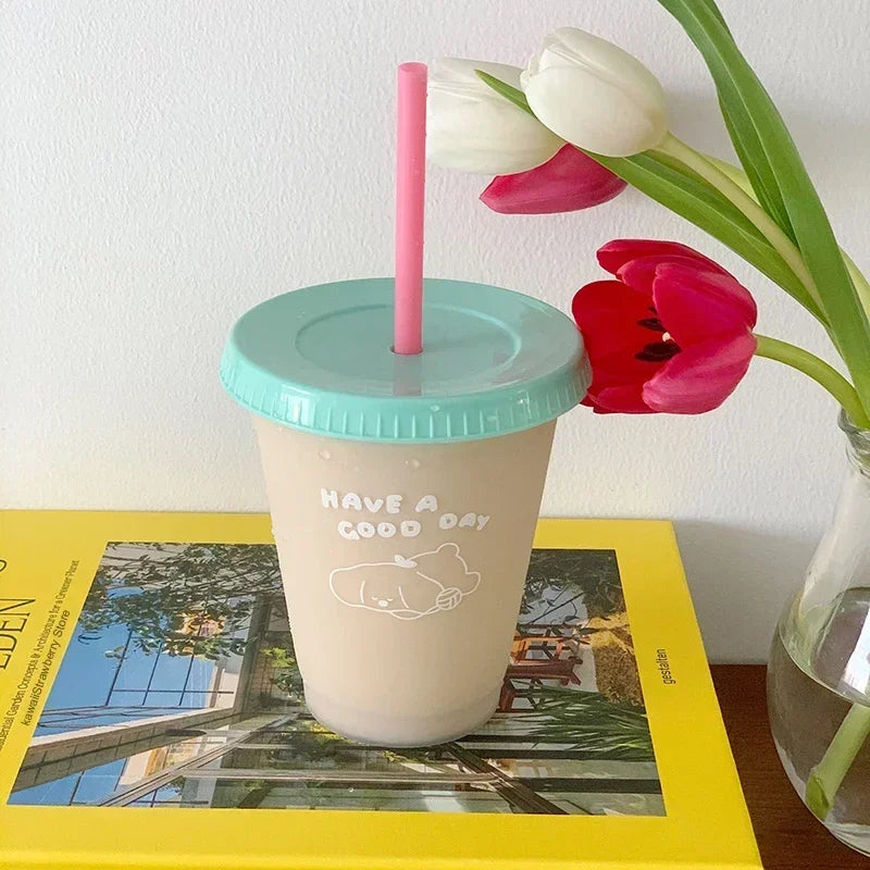 470/700ml Cute Korean Style PP Material Portable Water Bottle Coffee Juice Milk Tea Cup Plastic Cool Cup with Lid Straw Reusable
