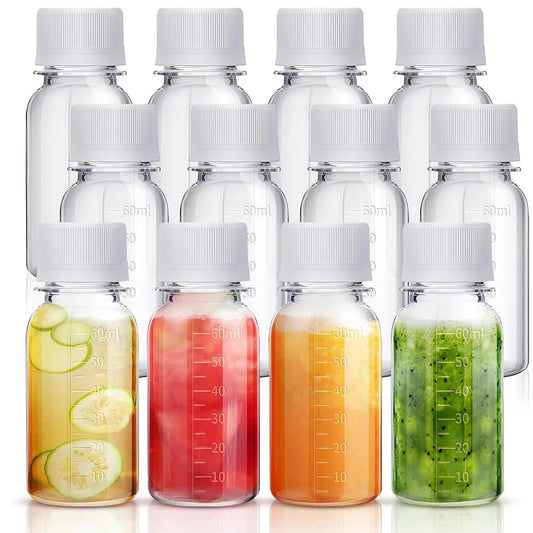 Small Ginger Shot Bottles Plastic Bottles with Caps Plastic Containers with Lids Reusable Clear Shot Jars with Scale(2 oz)