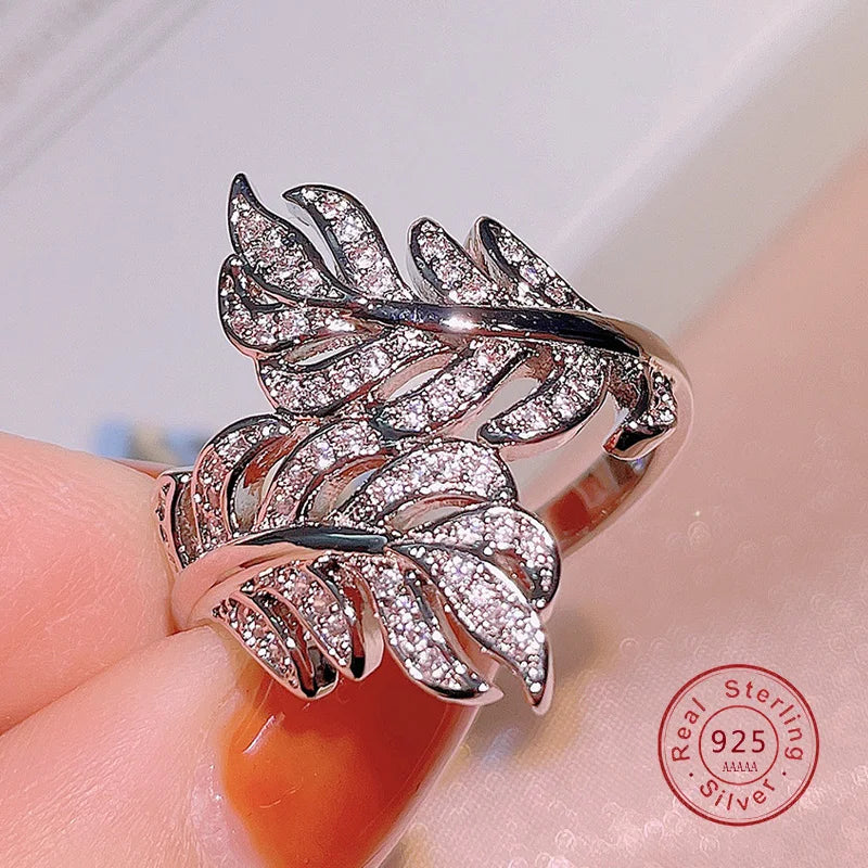 925 Sterling Silver Rings for Women Princess Propose Marriage Cubic Zirconia Feather Design Ring Romantic Bridal Wedding Bijoux