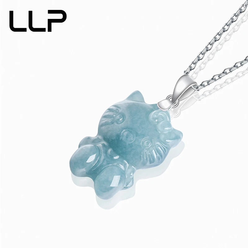 Natural A Cargo Blue Water Jade S925 Silver Inset Cartoon Cat Pendant High Jewelry Amulet Women's Necklace Luxury Holiday Gift