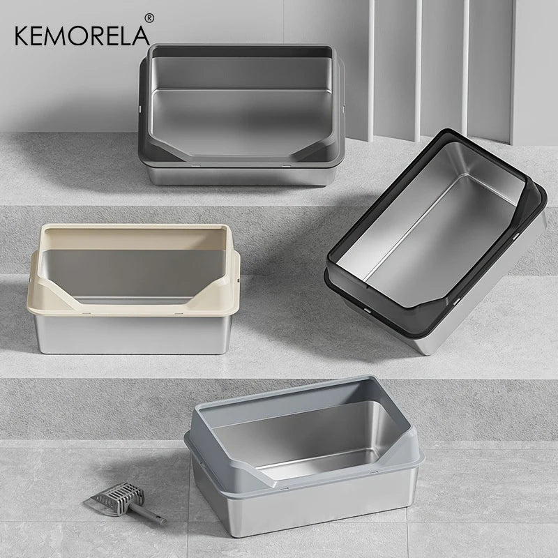 KEMORELA XL Extra Large Stainless Steel Litter Box Enclosure with Lid High Side Large Cat Litter Tray For Big Cat With Scoop