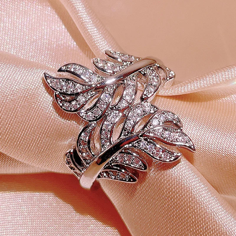 925 Sterling Silver Rings for Women Princess Propose Marriage Cubic Zirconia Feather Design Ring Romantic Bridal Wedding Bijoux