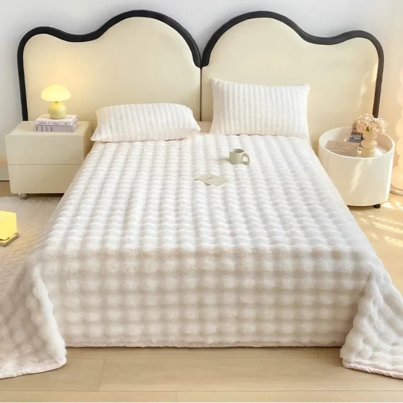 Home Textiles Bed Linens Set Winter Anti-rabbit Fleece Thickened Warm Flat Sheet with 2 Pillowcases Queen Bedspread Soft Blanket