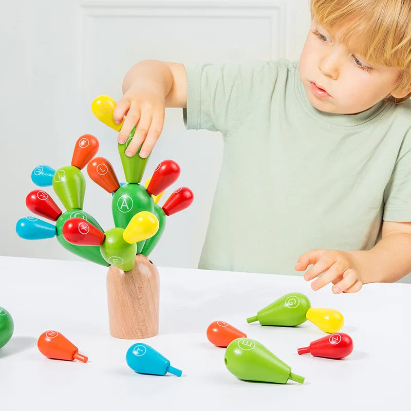 Montessori Wooden Balance Cactus Puzzle Stacking Rainbow Cactus Toy Fun Educational Game For Boys & Girls