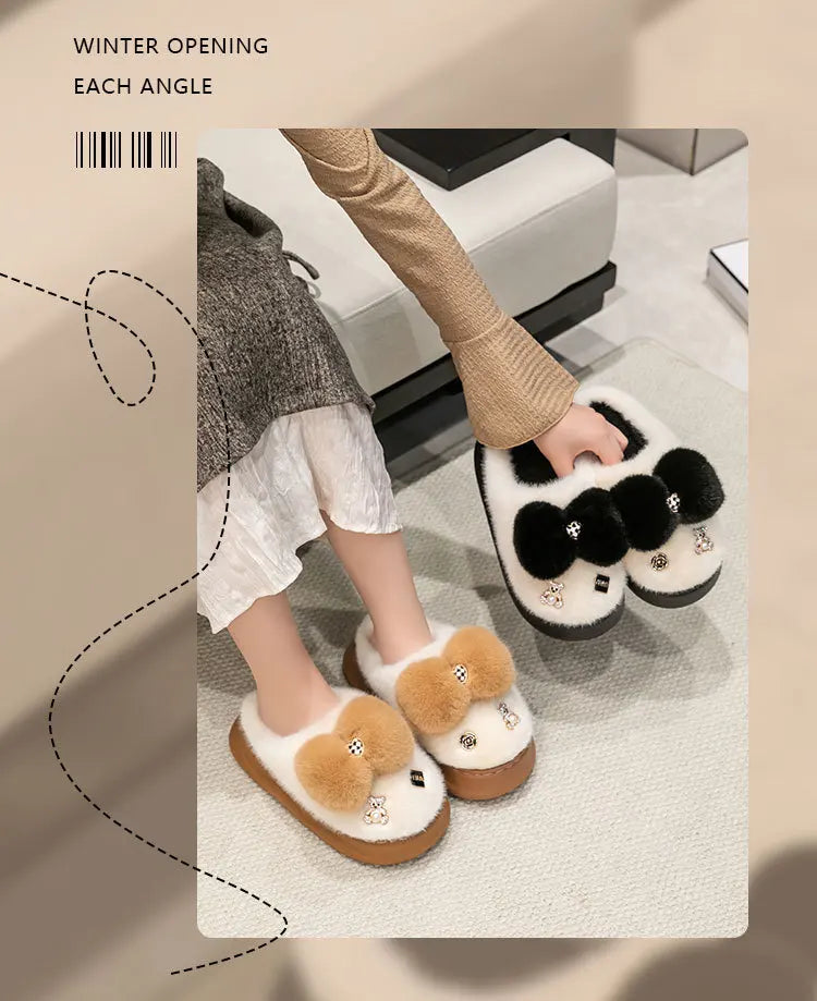 Pink clog slippers with fur slides women's indoor kawaii bowknot mules woman winter 6 cm platform  fluffy home slippers ladies