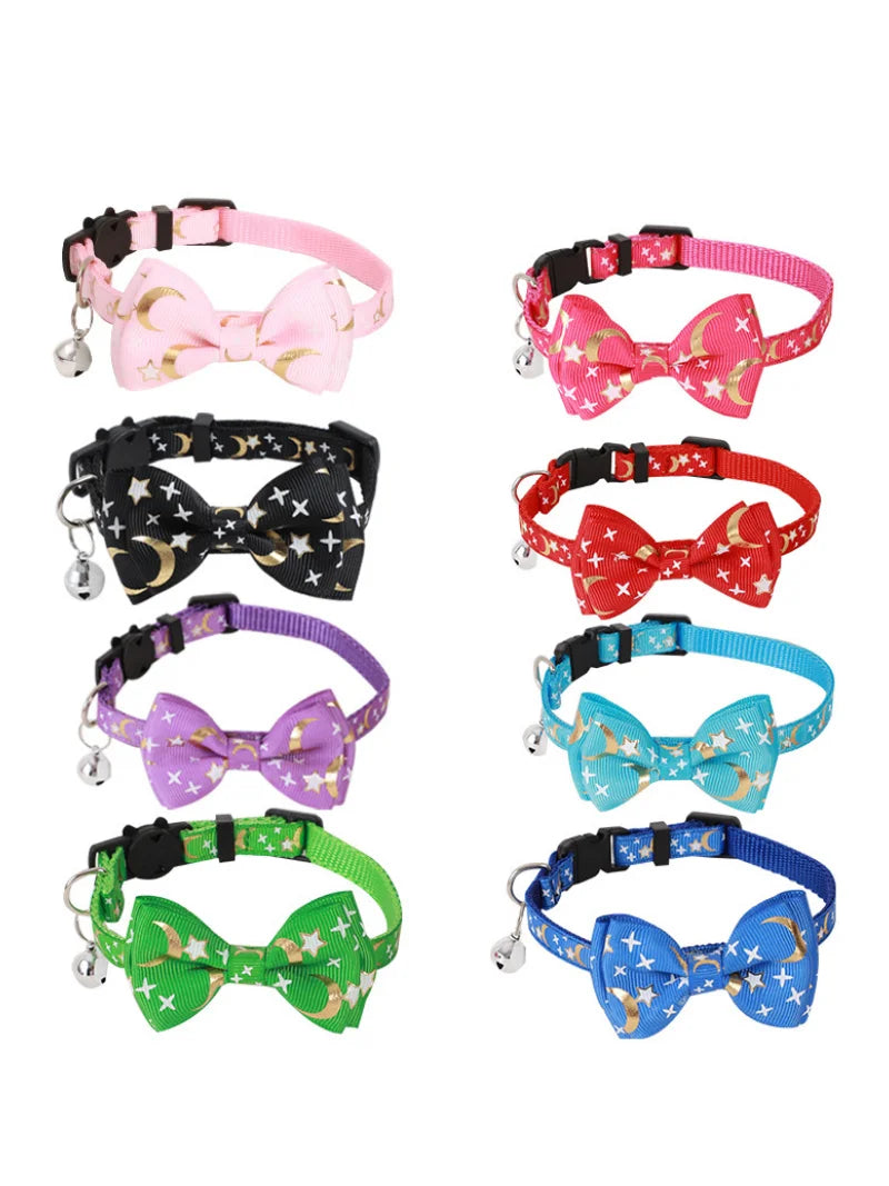 Cat Bow Bell Collar Hot Stamping Woven Stars and Moon Pattern Removable Bow Cat Puppy Collar Adjustable Dog Collar
