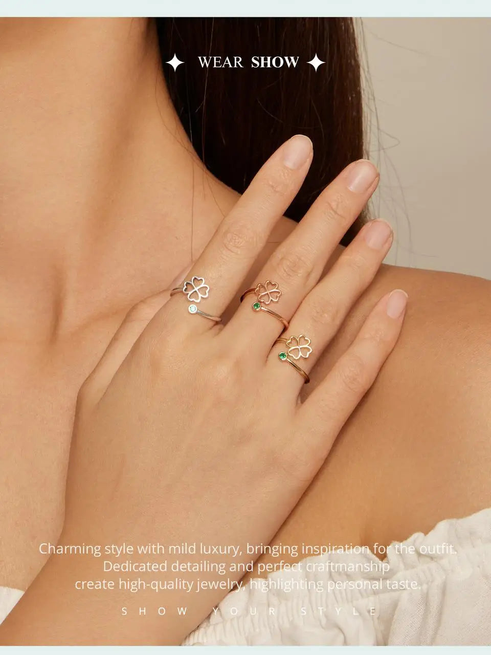 BAMOER 925 Sterling Silver Simple Four Leaf Clover Ring for Girl, Women 14K Gold Plated Promise Lucky Ring 3 Colors SCR843