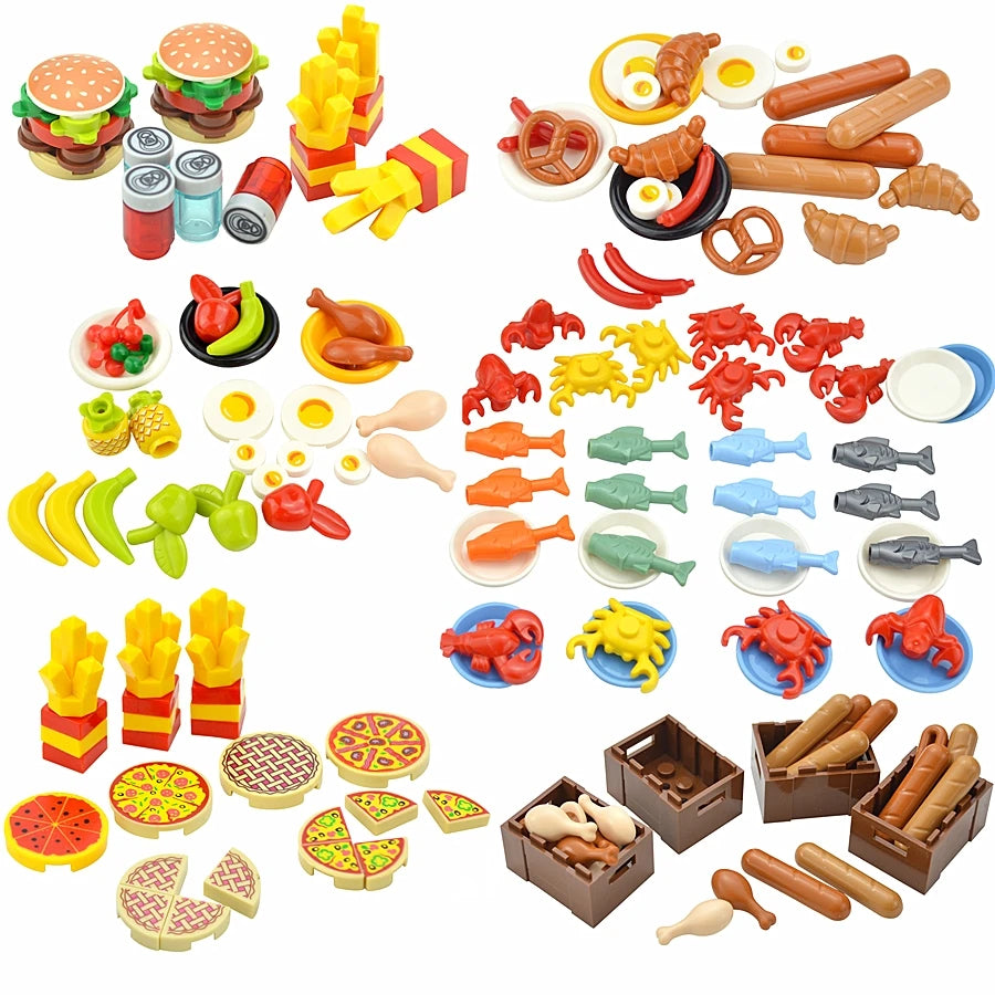 City Mini Food Toys Building Blocks Hamburger Fries Bread Pizza Cake Dessert Food Chocolate Fish Cookies MOC Bricks Kids Gift