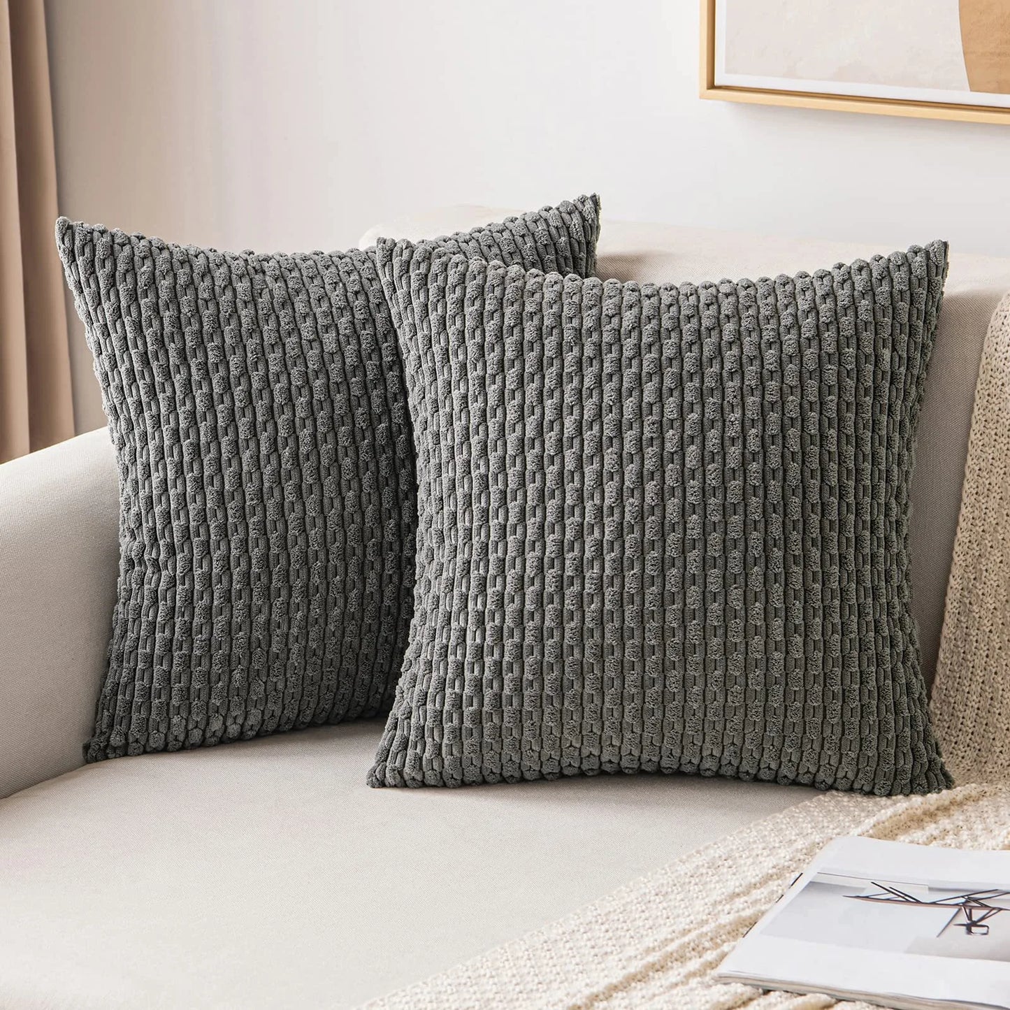 Blue Throw Pillow Covers 18x18 Inch Decor Couch Cushion Cover Farmhouse Soft Corduroy Boho Home Decors for Bed Sofa Living Room