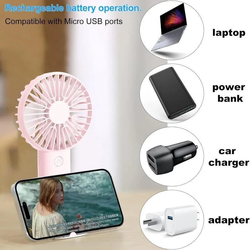 Handheld Fan Rechargeable Portable Mini USB Fan 3 Speed Mini Fan with Phone Holder