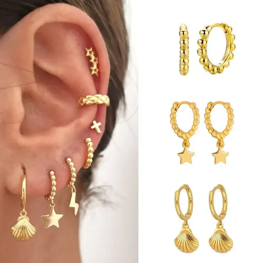 925 Sterling Silver Needle Metal Sea Shell Pendant Hoop Earrings Ball Round Moon Dangle Earrings for Women Party Fashion Jewelry