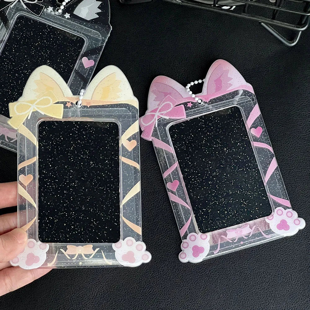 Cute Cat Photocard Holder Glitter Transparent Idol 3 Inch Photo Card Sleeves PVC Student ID Bus Card Case Keychain Bag Pendant