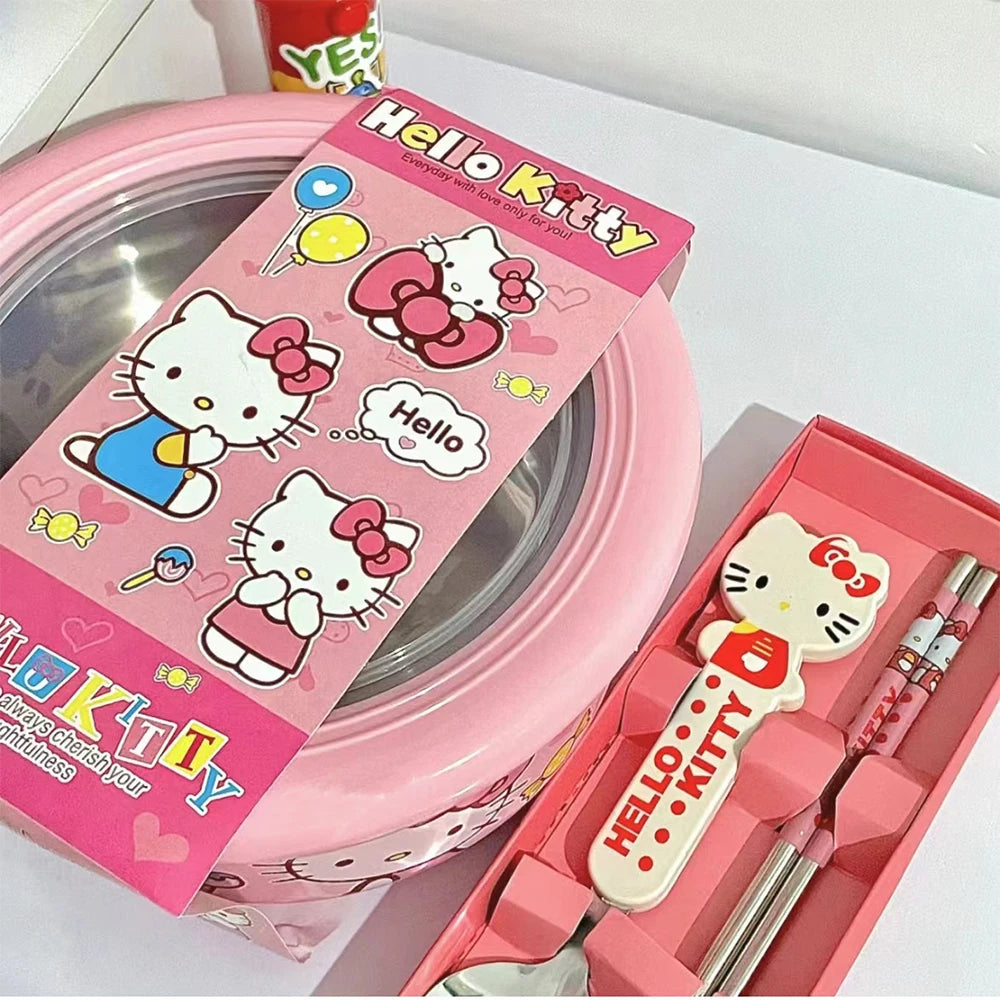 Sanrio Hello Kitty Stainless Steel Ramen Bowl With Lid Cute Large Instant Noodles Fruit Salad Rice Soup Bowl Kitchen Tableware