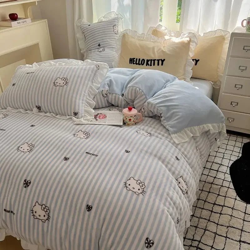 Sanrio Hello Kitty Kuromi cartoon cute warm plus velvet lace four-piece set creative student children's bed sheet quilt cover