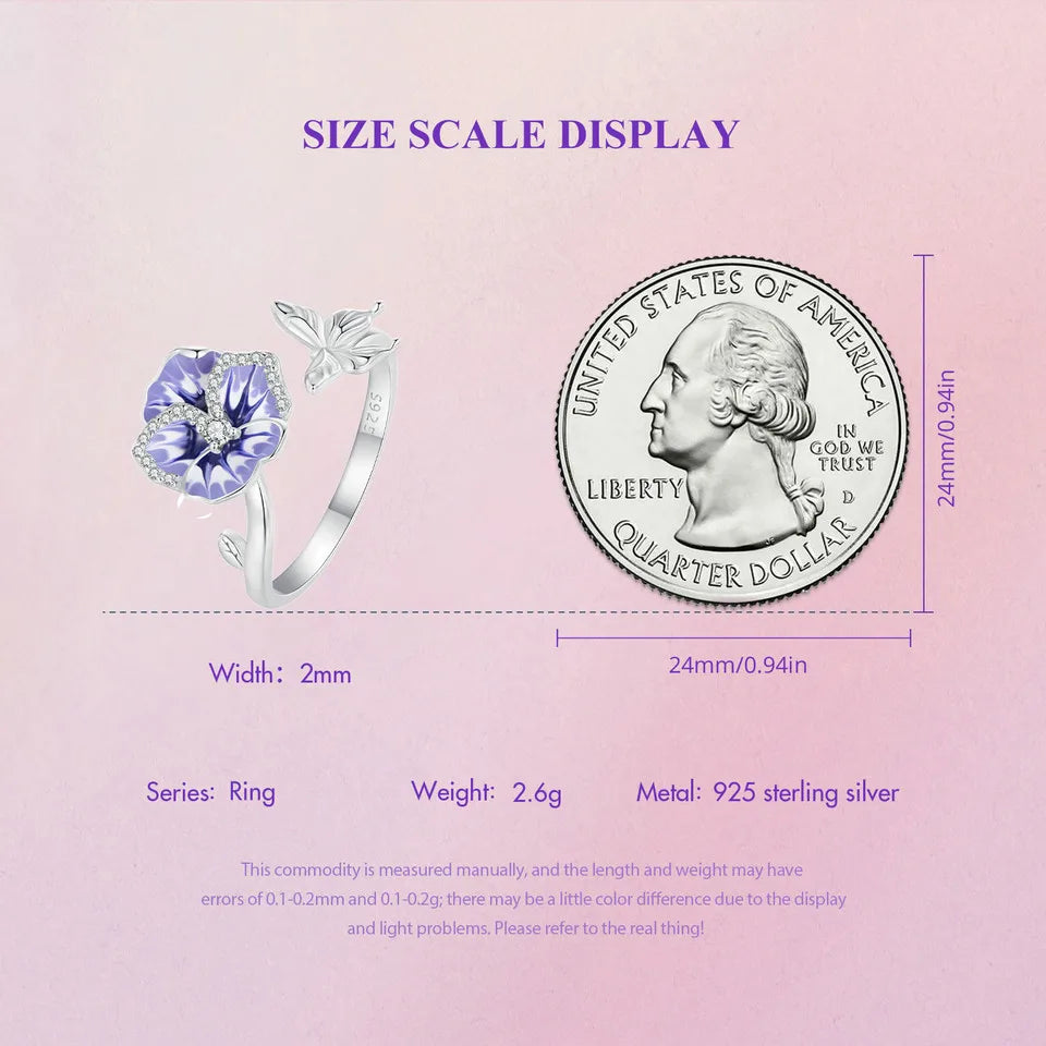 WOSTU 925 Stelring Silver Purple Pansy Flower Open Rings For Women Wedding Party Statement Stackable Butterfly Ring Holiday Gift