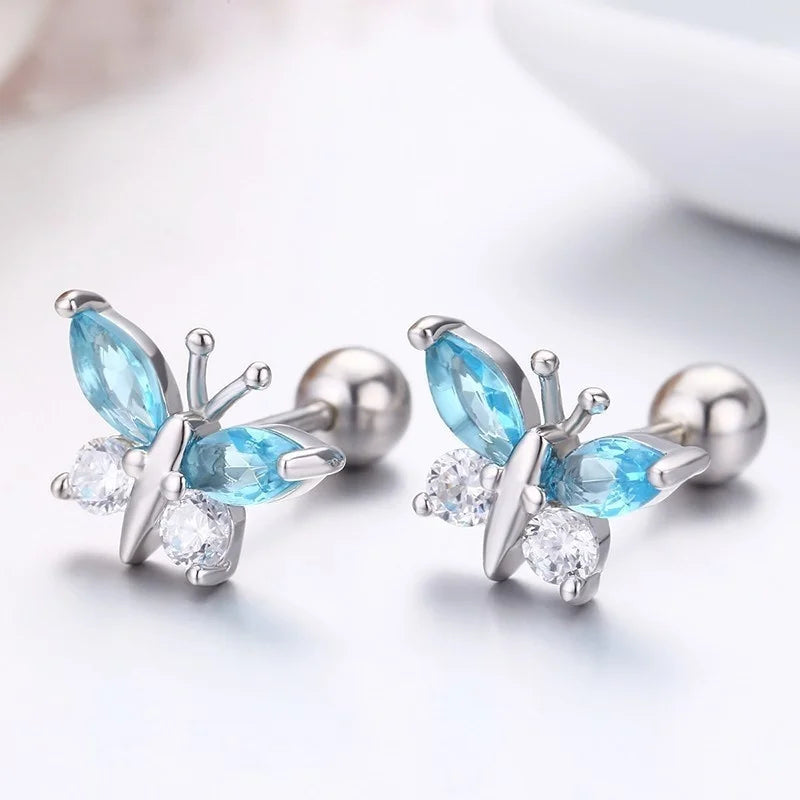 Cute 925 Sterling Silver Butterfly Pink CZ Screw Back Stud Earrings For Women Child Girls Kids Jewellery Orecchini Aros Aretes