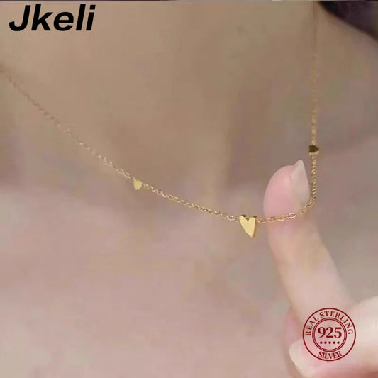 Jkeli S925 sterling silver necklace three hearts plated with 18k gold simple heart-shaped clavicle chain for women