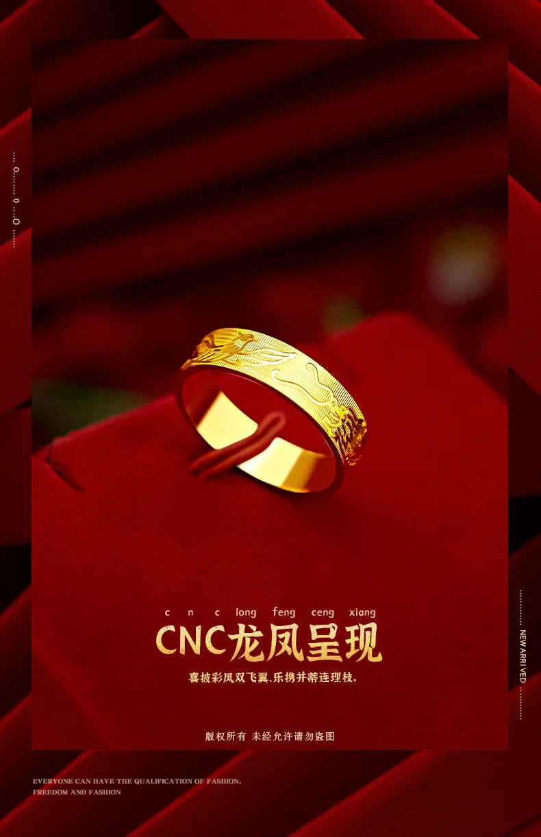 9999 real gold 24K yellow gold Ring Women and Men's Dragon and Phoenix Wedding Ring