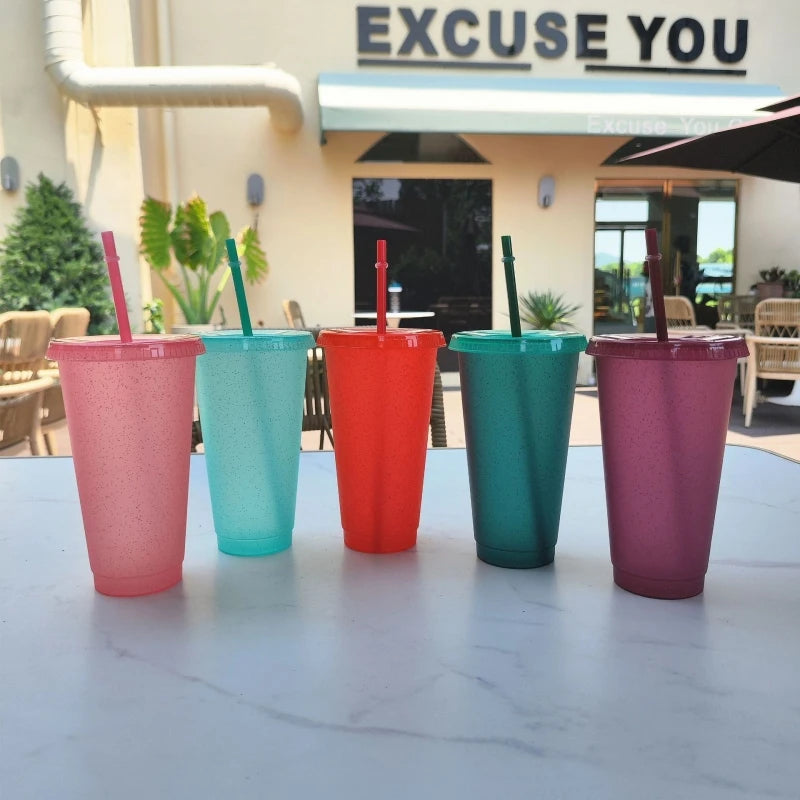 500/710ML Flash Powder Water Bottle With Straws Lid Plastic Reusable Personalized Drinkware Coffee Drinking Cup Christmas Gifts