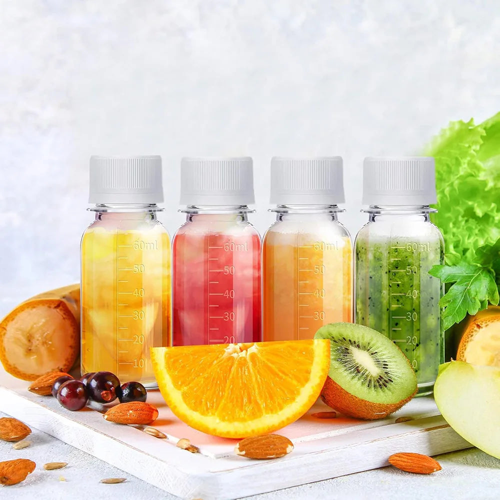 Small Ginger Shot Bottles Plastic Bottles with Caps Plastic Containers with Lids Reusable Clear Shot Jars with Scale(2 oz)
