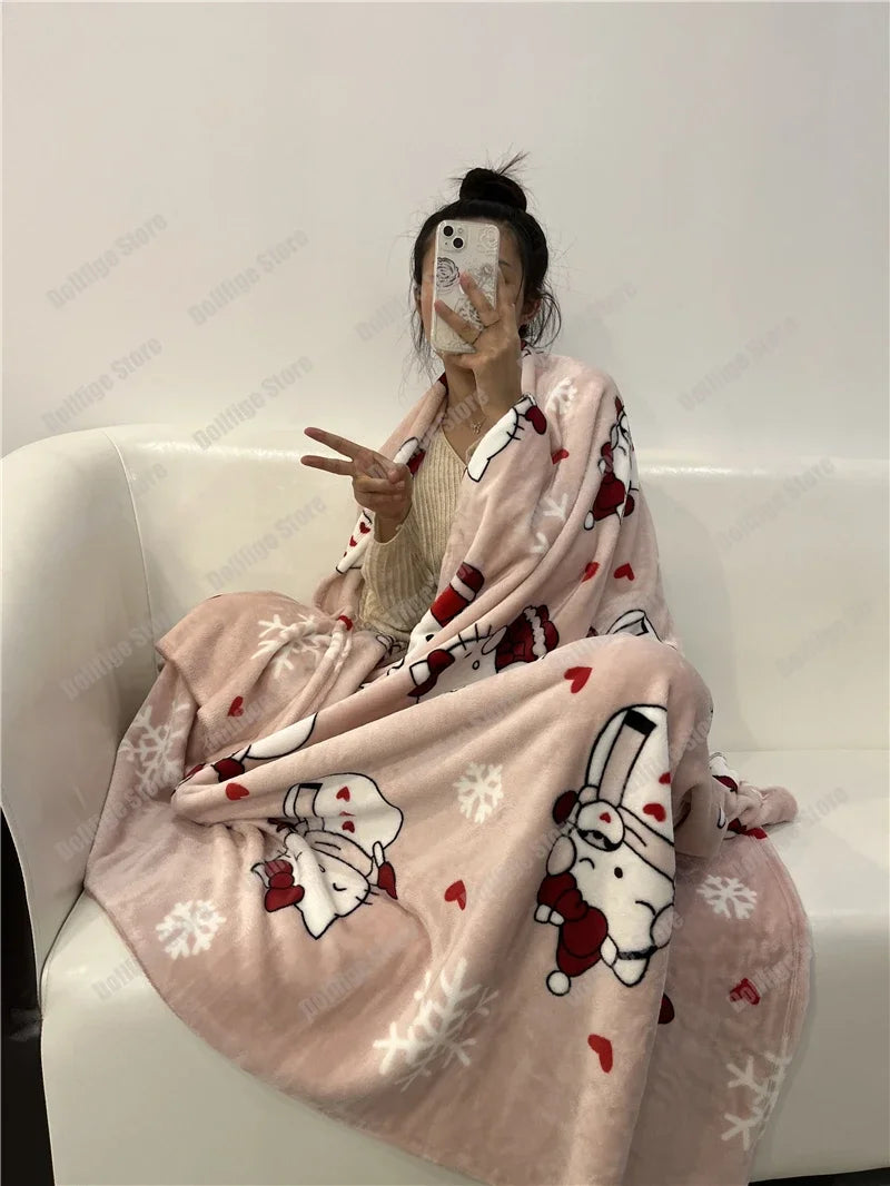 2024 Halloween Ghost Hello Kitty Plush Cartoon Large Flannel Blanket Cute Cotton Sofa Nap Blanket Bed Sheet Christmas Gift