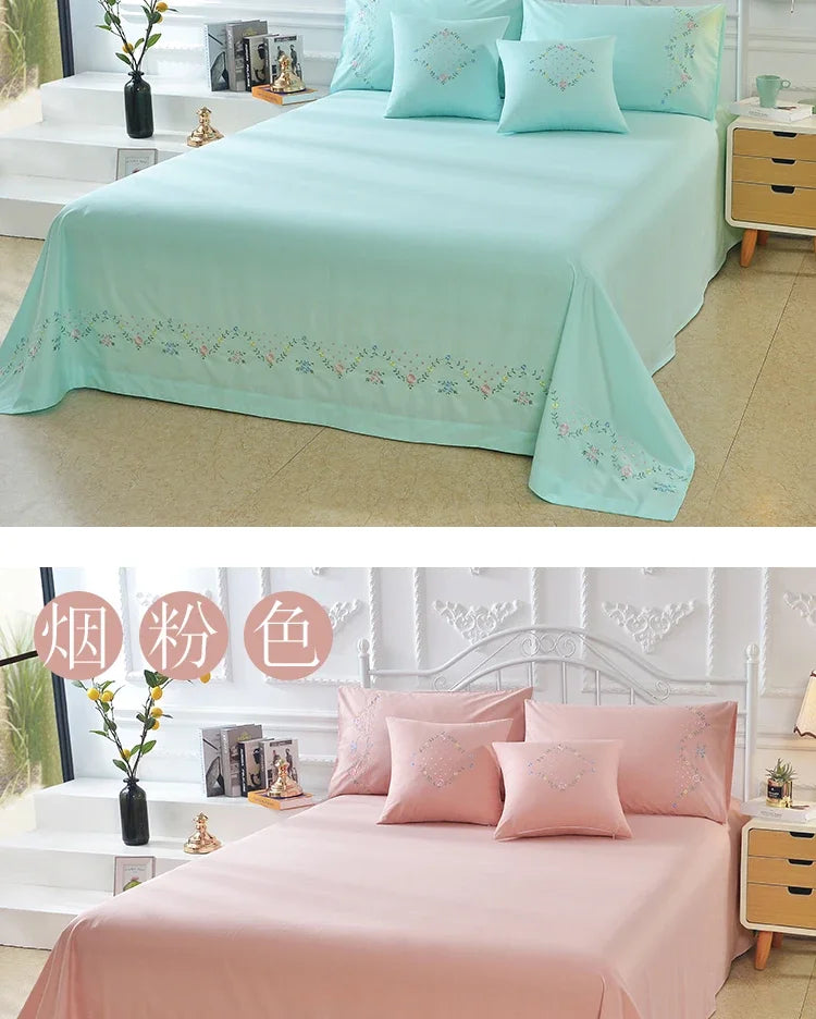 100% Cotton Greek Key Embroidery, 3-Piece Twin XL Kendell Bed Sheet Set, White/ Light Green/Pink