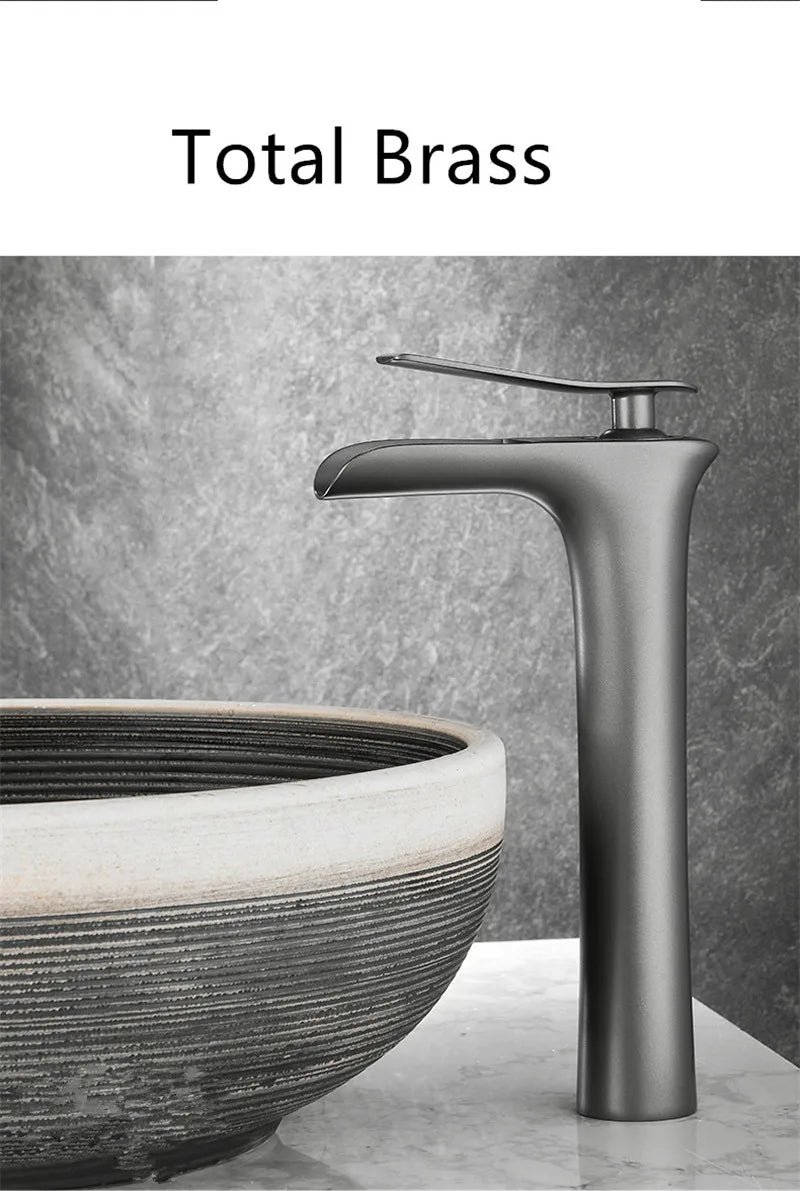 Basin Faucet Grey Waterfall Faucet Brass Bathroom Faucet Gold Bathroom Basin Faucet Mixer Tap Hot and Cold White Sink faucet