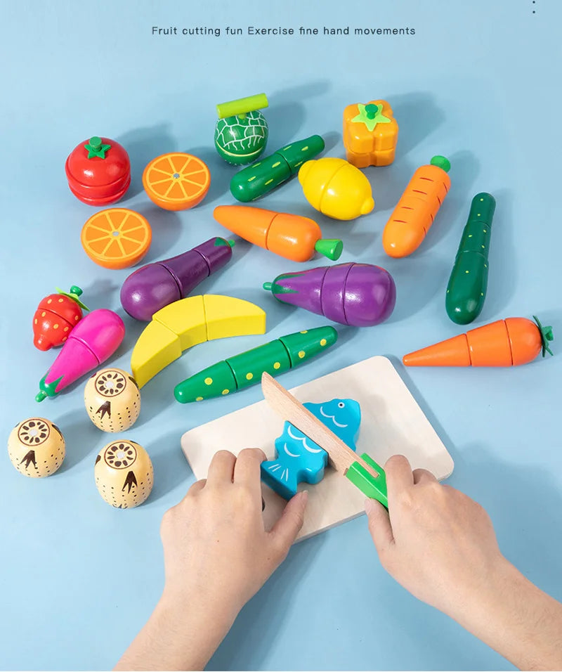 Simulation Kitchen Pretend Play Toy Magnetic Wooden Cutting Fruits Vegetables Classic Game Montessori Educational Toys For Kids